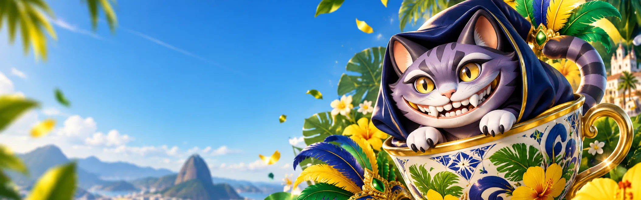 Gato sorridente em xícara de porcelana com plumas de Carnaval e vista do Pão de Açúcar